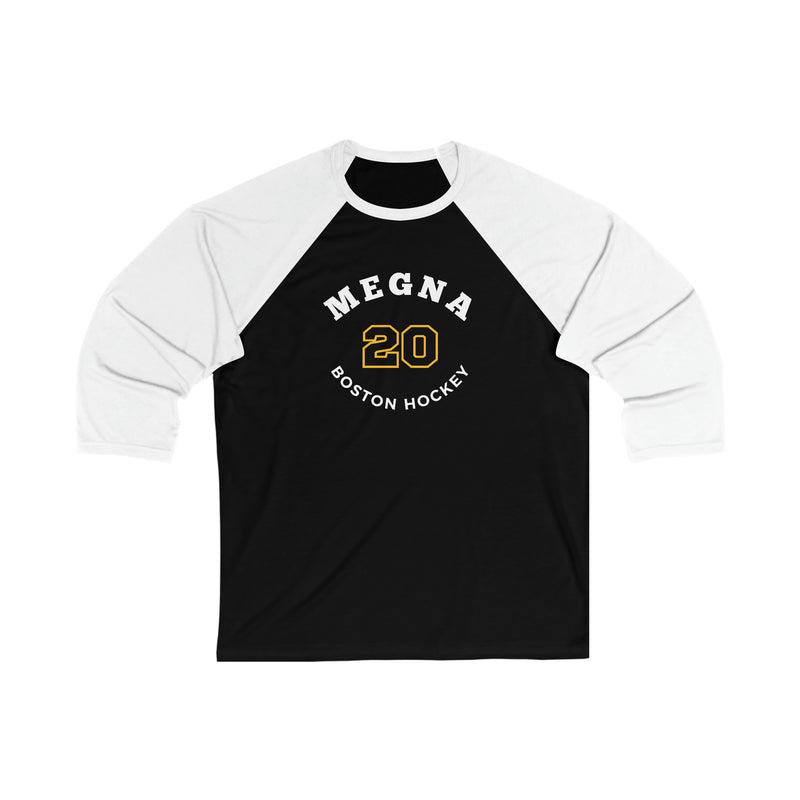 Megna 20 Boston Hockey Number Arch Design Unisex Tri-Blend 3/4 Sleeve Raglan Baseball Shirt
