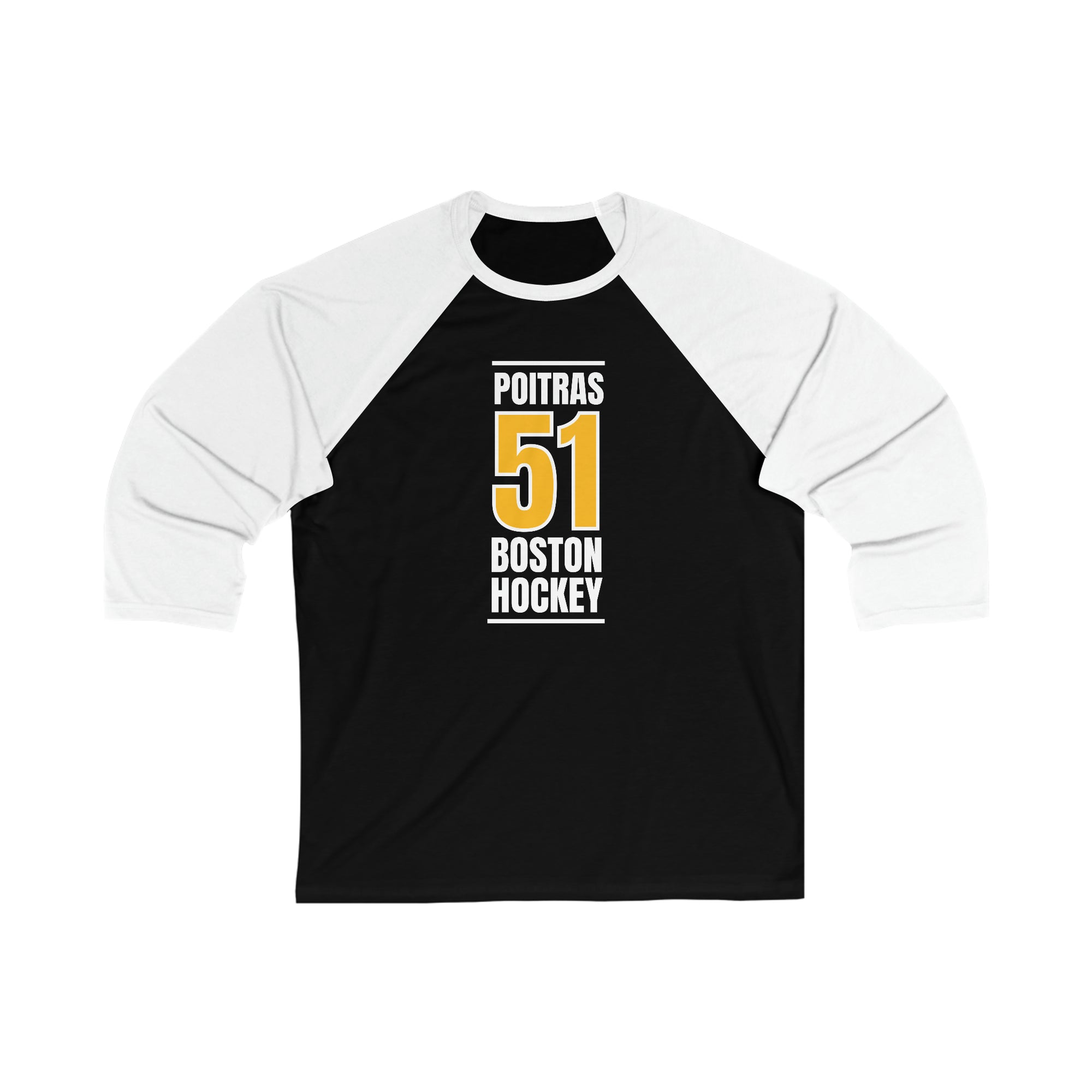 Poitras 51 Boston Hockey Gold Vertical Design Unisex Tri-Blend 3/4 Sleeve Raglan Baseball Shirt