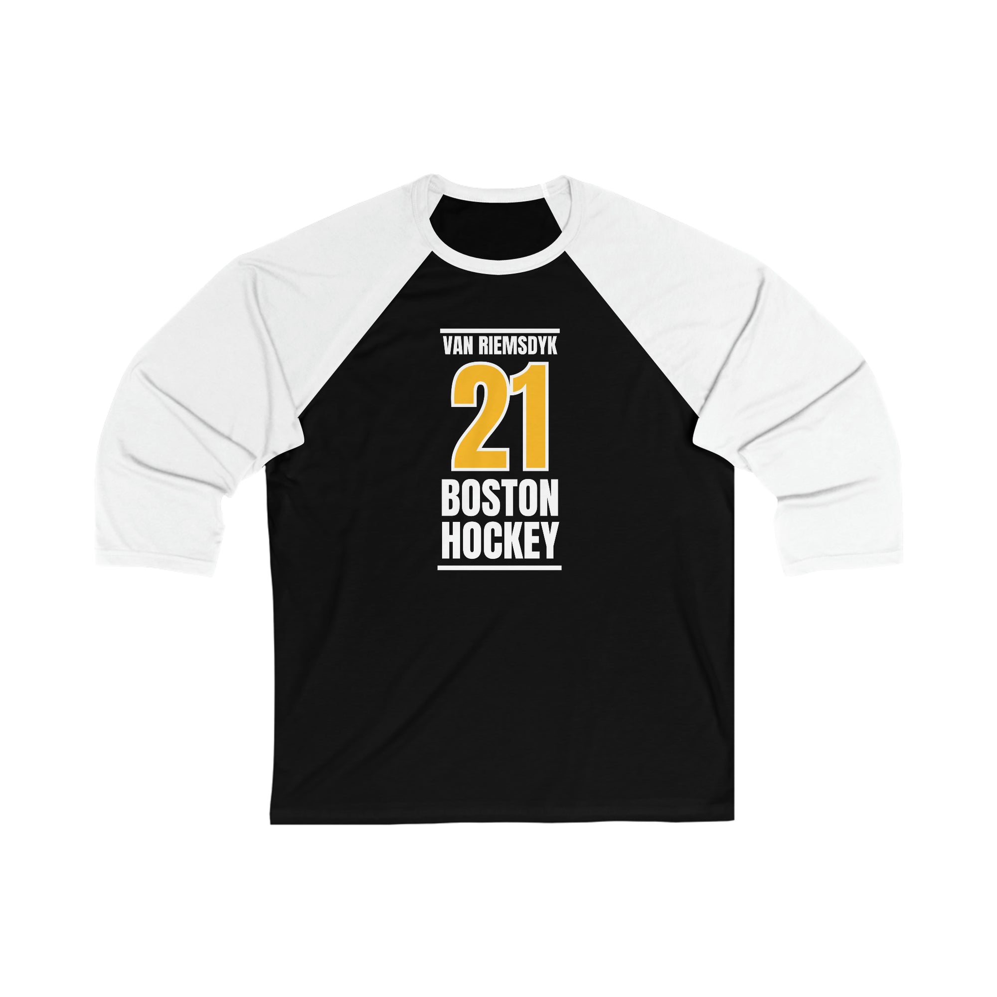 van Riemsdyk 21 Boston Hockey Gold Vertical Design Unisex Tri-Blend 3/4 Sleeve Raglan Baseball Shirt