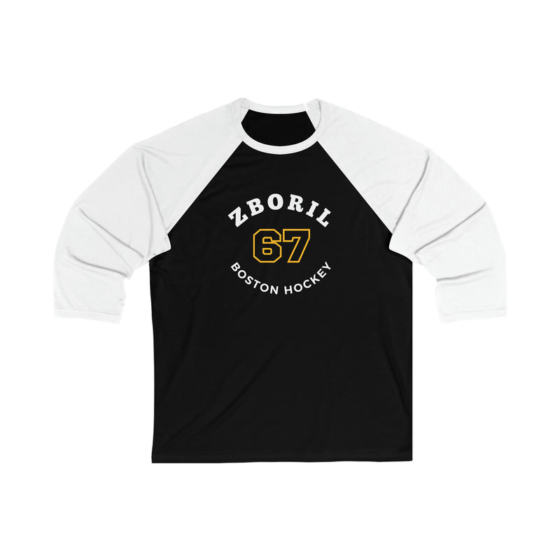 Zboril 67 Boston Hockey Number Arch Design Unisex Tri-Blend 3/4 Sleeve Raglan Baseball Shirt